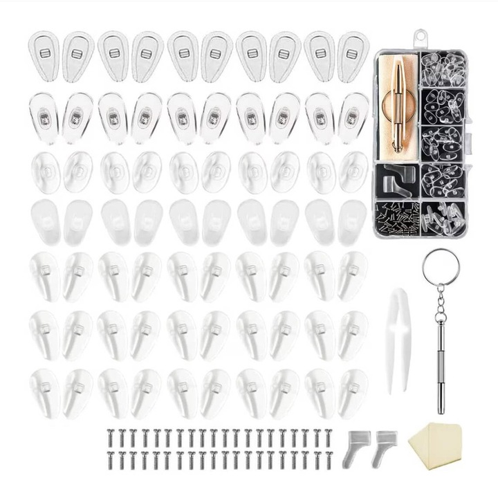 Set 35 Pernuțe nazale pentru ochelari, Silicon transparent, cu 50 de șuruburi, șurubelniță, diverse dimensiuni, ușor de instalat