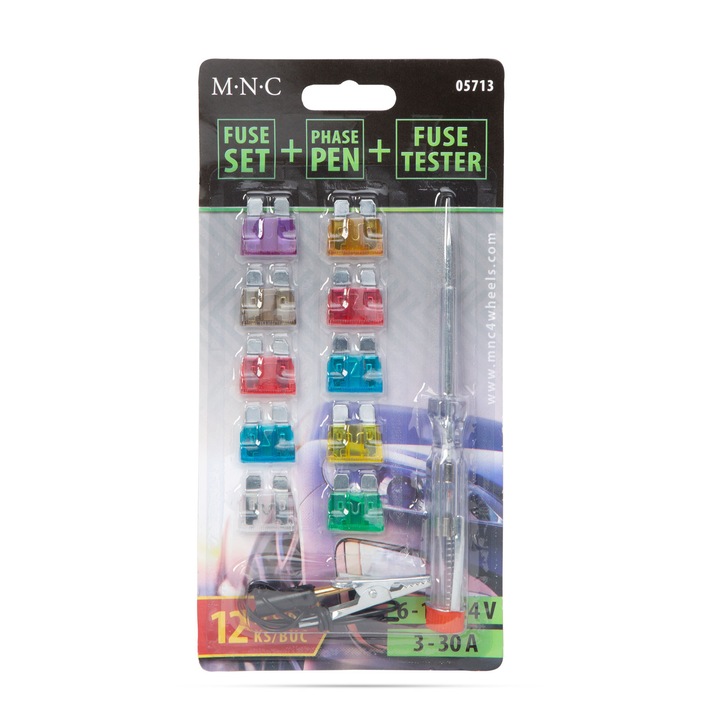 Set Sigurante Auto 3-30A, MNC, 12 bucati, Tester Tensiune 6-24V, 19x13mm