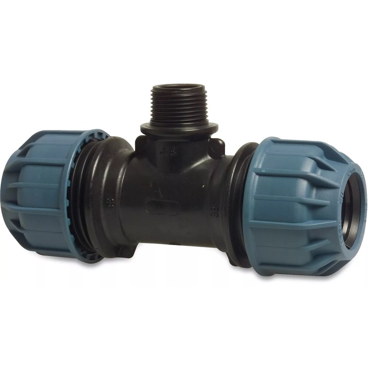 Racord T cu trecere, PP, 32mm x 1" x 32mm, compresie x filet exterior x compresie, negru-albastru, presiune 10 bar