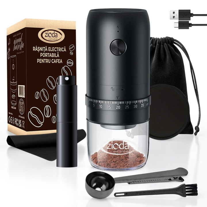 Преносима електрическа кафемелачка, zioda smart essentials®, керамична бормашина, 40-степенна регулируема гранулация, капацитет на смилане 30 г, 1800 mAh акумулаторна USB C батерия, компактна, безшумна, универсална, аксесоари включени, черна