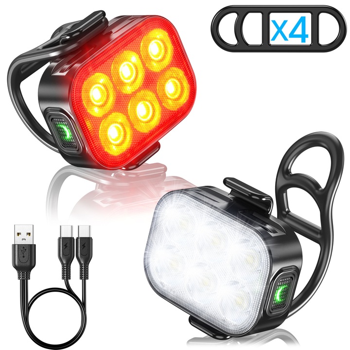 Set Lumini pentru Bicicleta 6 LED-uri, far bicicleta fata/spate, Impermeabil IPX65, Incarcare USB, 4 Moduri de Iluminare, Montaj Simplu si Rapid, Usor de instalat si indepartat, YQLAFT, Alb/Rosu