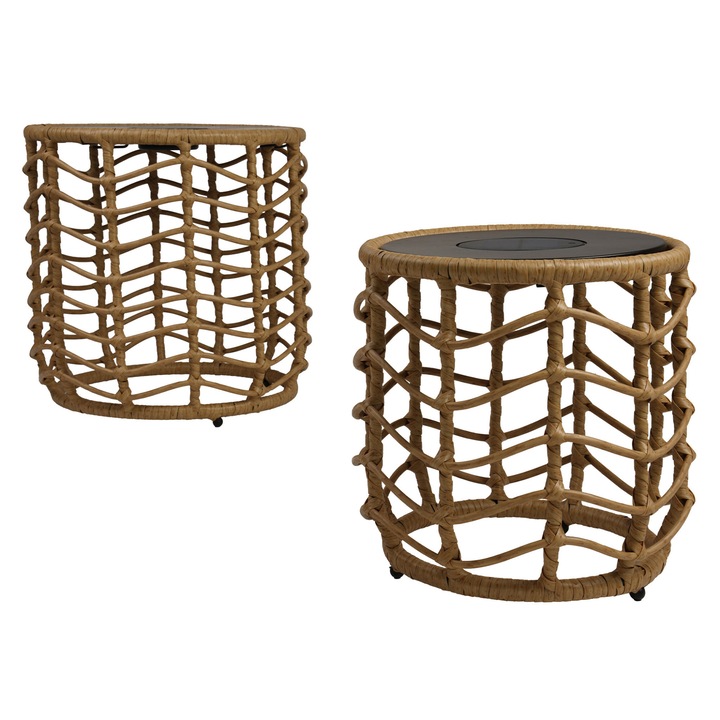 Set 2 masuta cu lampa solara gradina/terasa, Maison Mex WAVE, H.45/35 D.45/35 cm, natur/negru