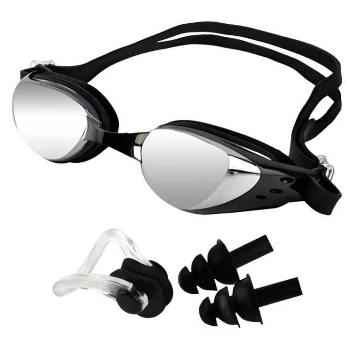 Set ochelari de inot cu protectie UV, lentile polarizate, dopuri de urechi ajustabile, clema pentru nas, dimensiune curea 36-40 cm, negru
