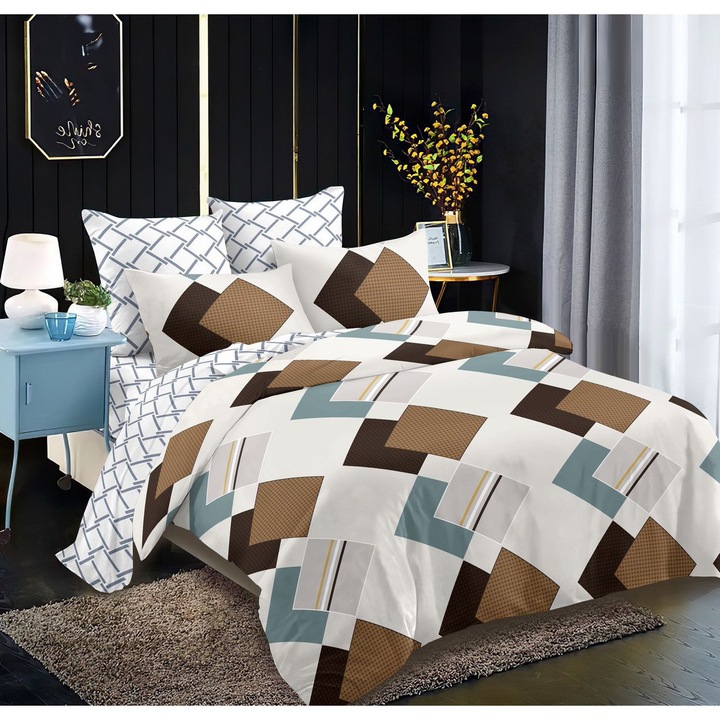 Set Lenjerie Pat CHIRASO 6 Piese FINET pentru 2 Persoane – Cearceaf cu Elastic 180x200 cm, Pilota 200x230 cm, Fete de Perna 70x70 si 50x70 cm – Material Premium, Imprimeu Elegant abstract, alb-maro-gri