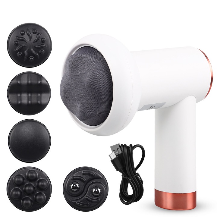 Aparat de Masaj Anticelulita 5 in 1, SeveShop®, 5 Capete Interschimbabile, 6 Trepte Vibratii, 3200 RPM, Baterie 1200 mAh, Electric, Fara Fir, Reincarcare USB-C, Putere 30 W, Pentru Tot Corpul, Relaxare, Tonifiere Musculara, Alb