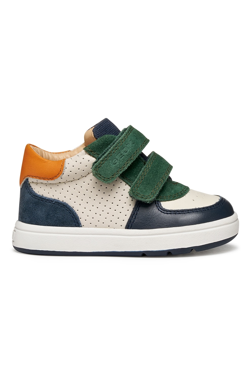 Geox, Pantofi sport mid-cut din piele cu velcro, Verde, Alb fildes, 20 EU