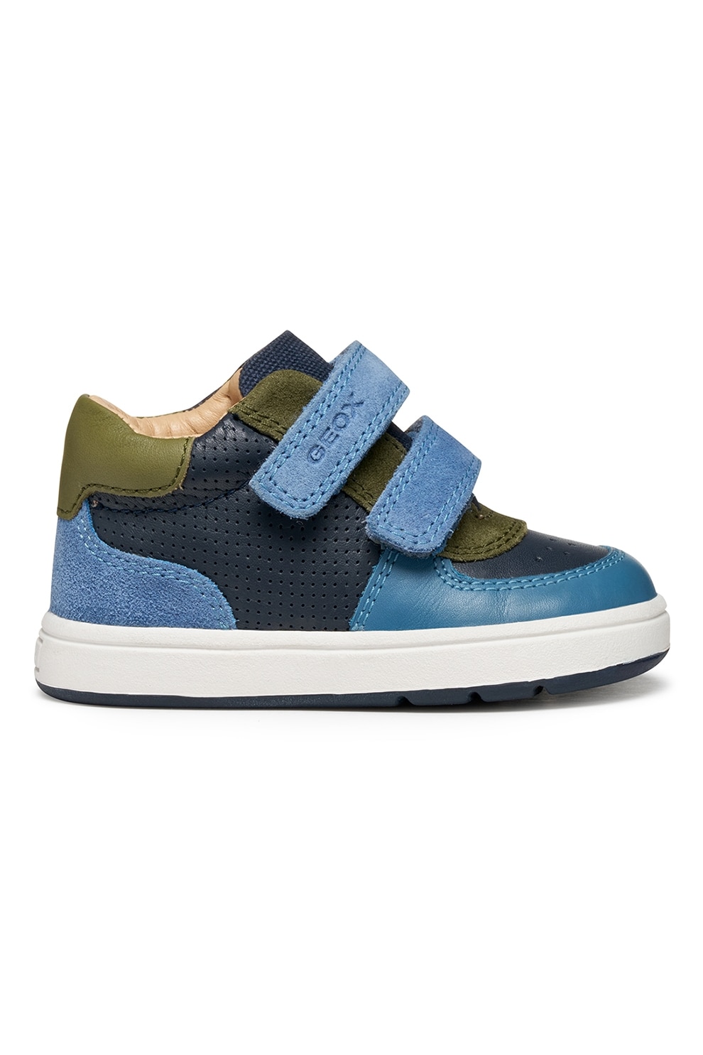 Geox, Pantofi sport mid-cut din piele cu velcro, Albastru prafuit, Bleumarin, 21 EU
