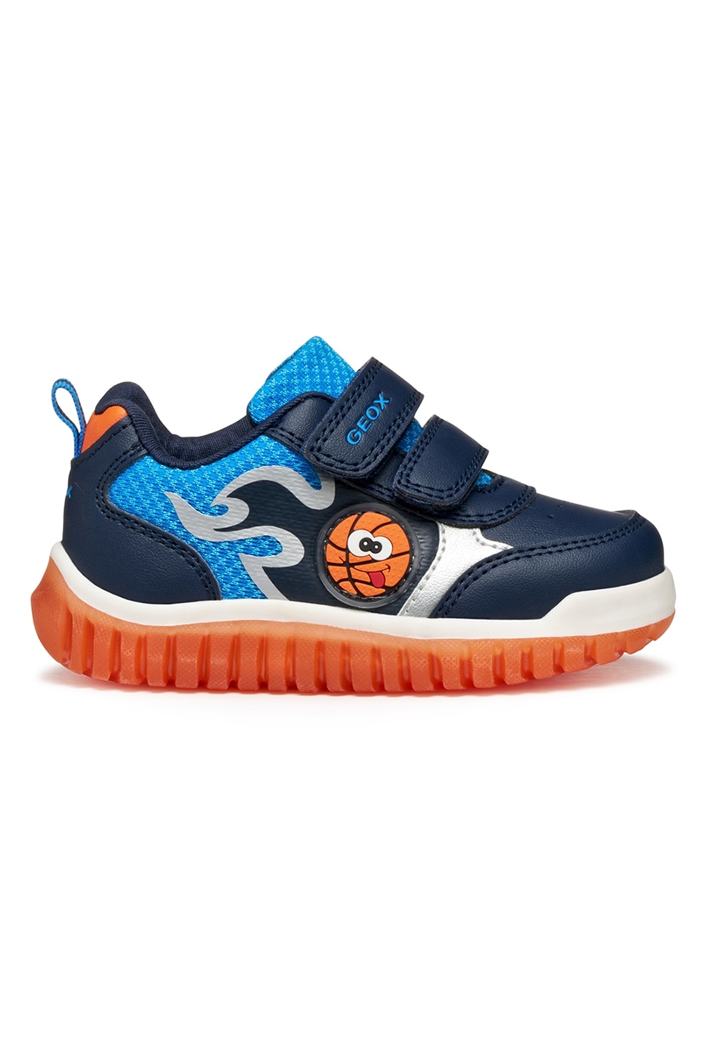 Geox, Pantofi sport din piele ecologica cu inchidere velcro, Portocaliu, Bleumarin, 24 EU