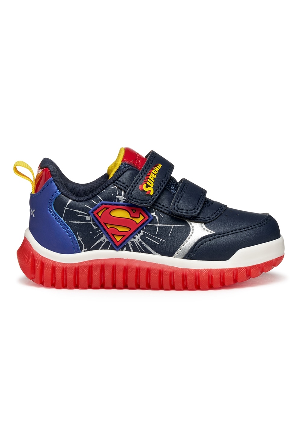 Geox, Pantofi sport din piele ecologica cu inchidere velcro, Rosu, Bleumarin, 24 EU