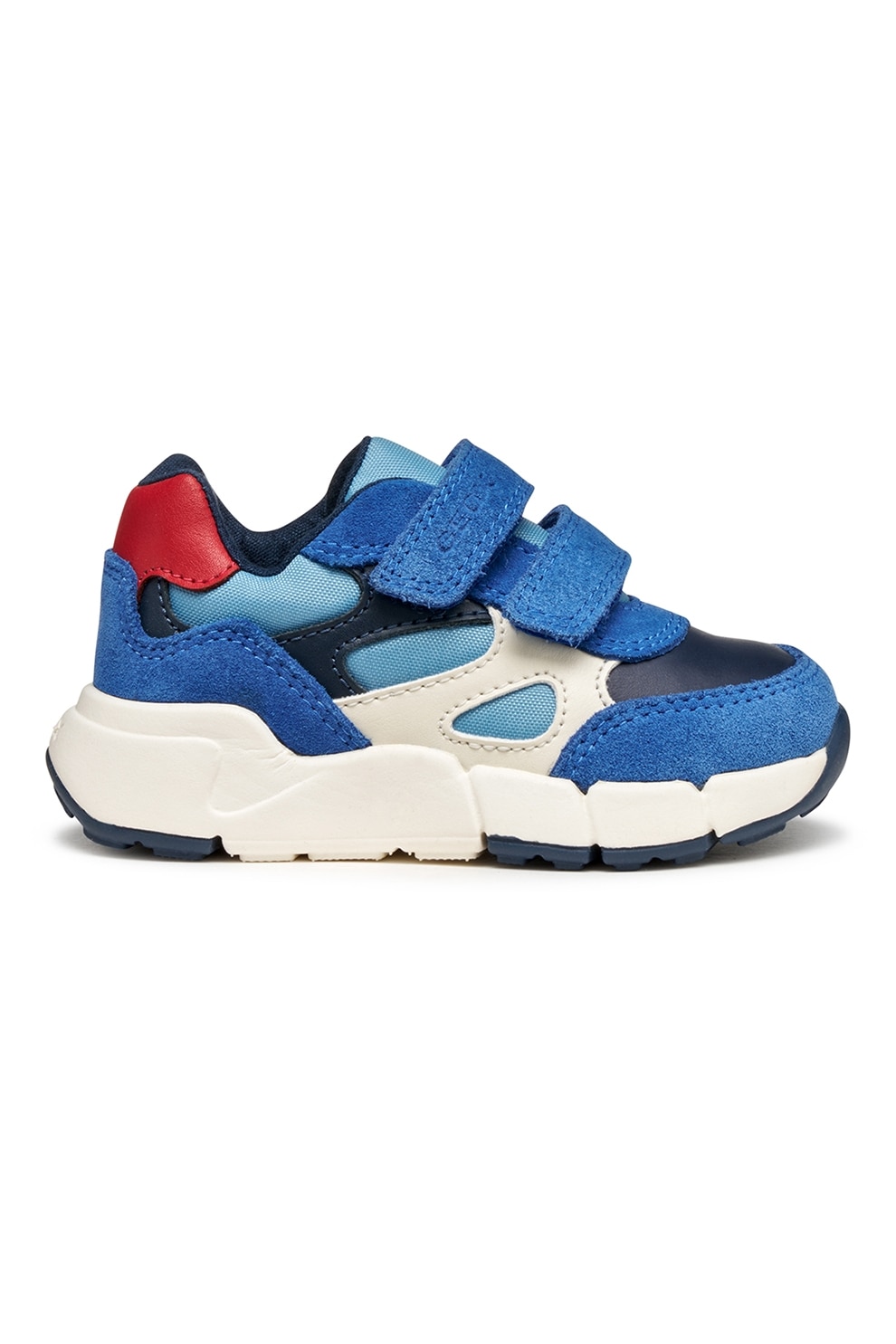 Geox, Pantofi sport cu model colorblock, inchidere velcro si garnituri din piele intoarsa, Alb, Albastru royal, 20 EU