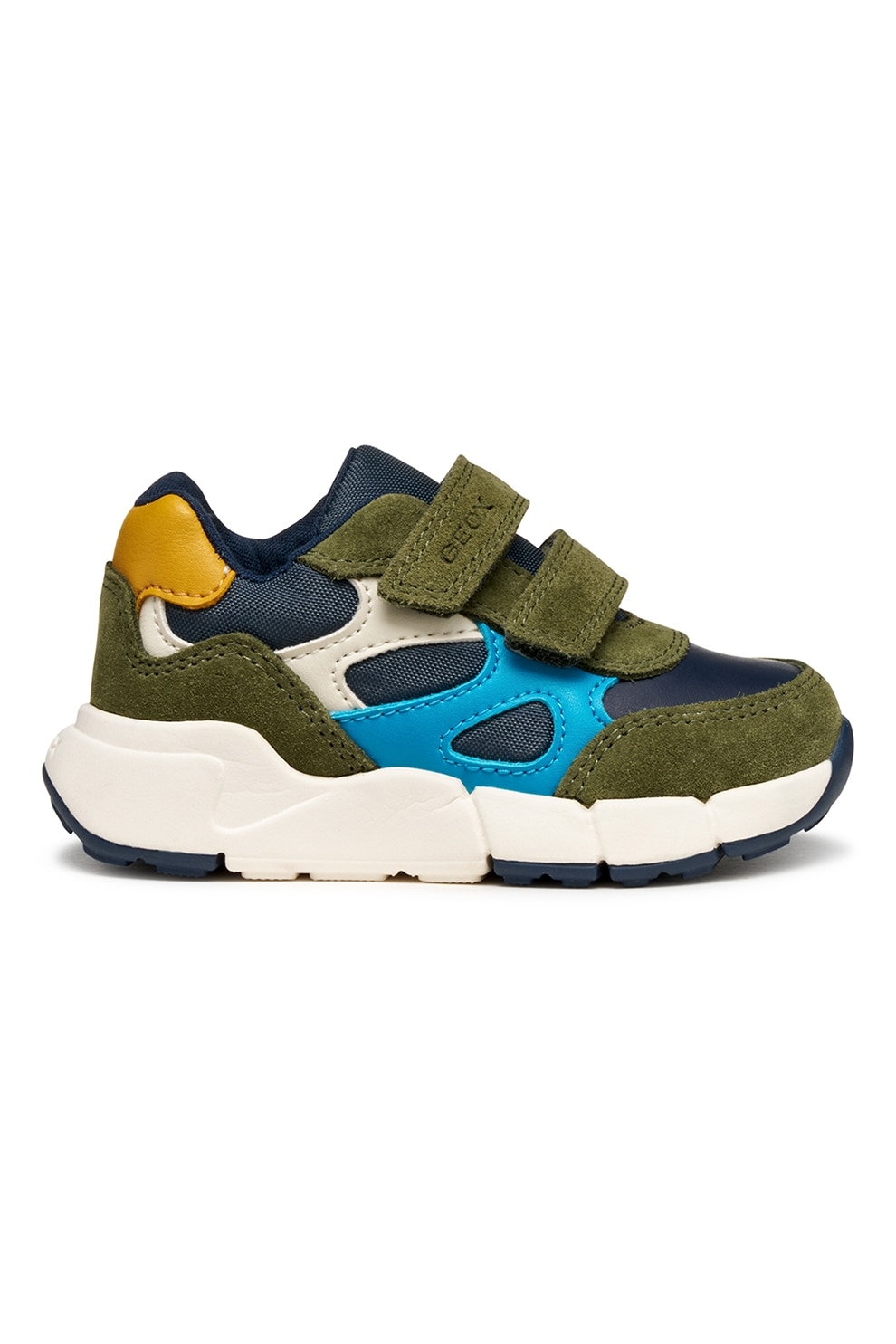 Geox, Pantofi sport cu model colorblock, inchidere velcro si garnituri din piele intoarsa, Verde masliniu, Bleumarin, 20 EU