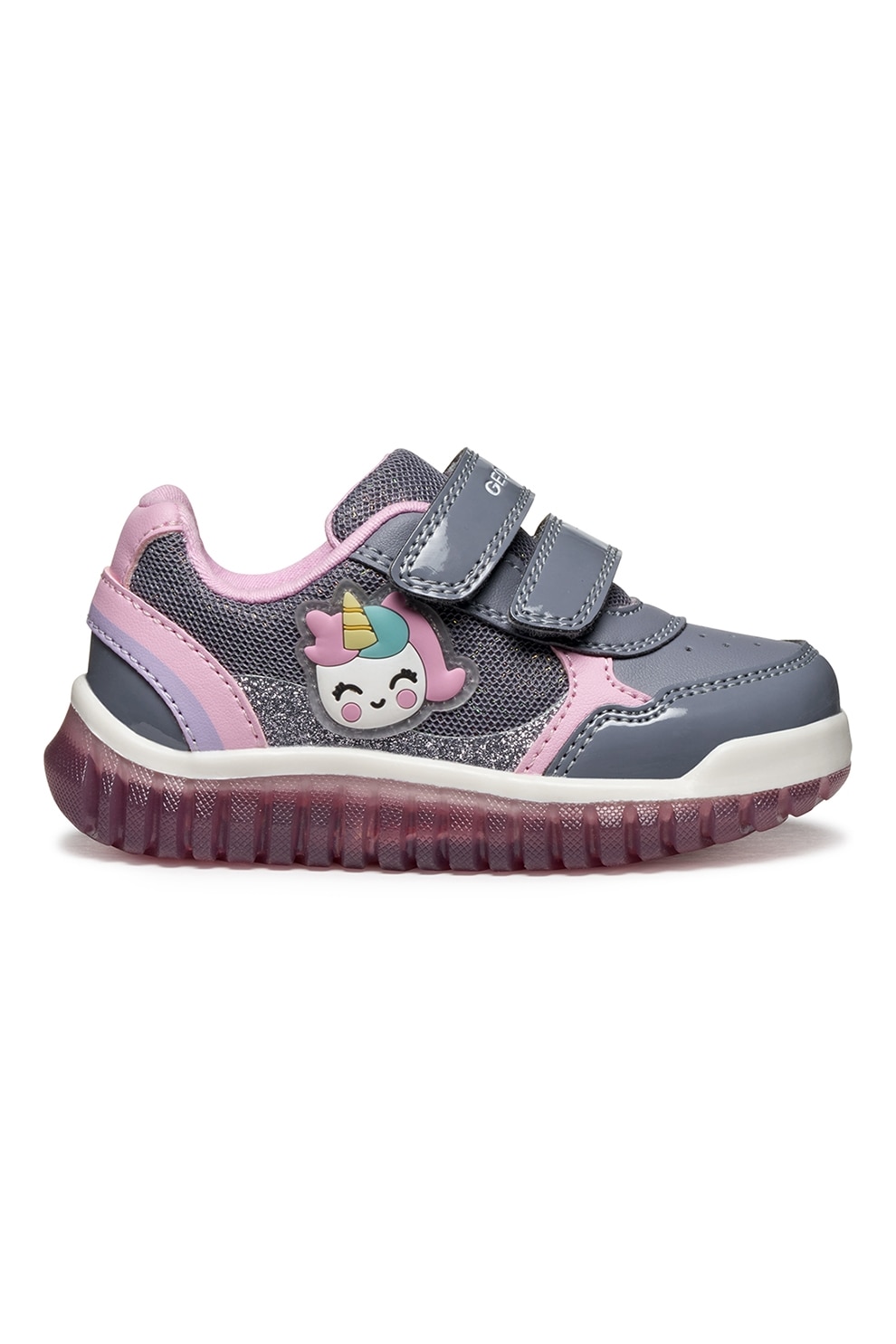 Geox, Pantofi sport din piele ecologica cu model grafic si inchidere velcro, Gri, Roz, 21 EU