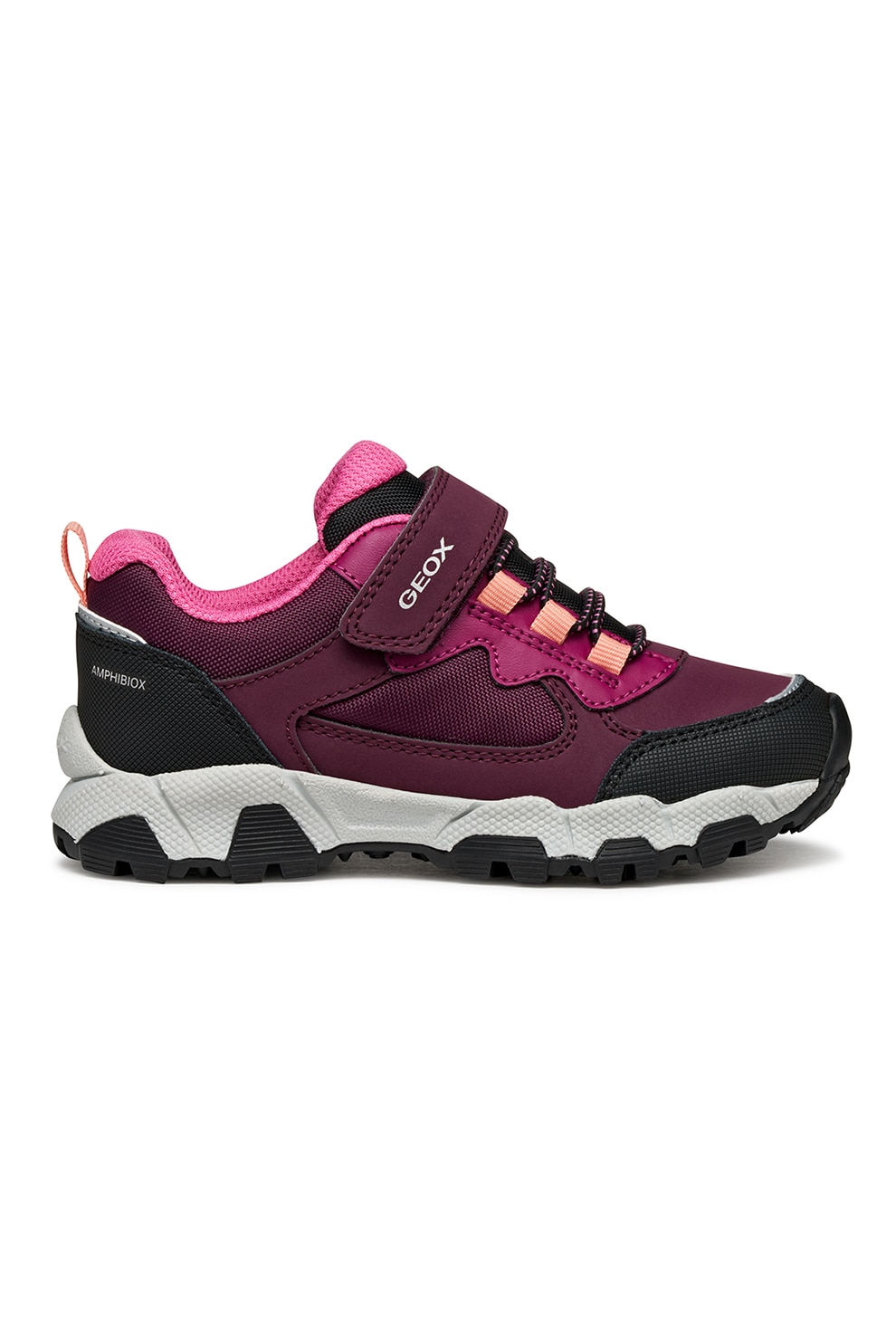 Geox, Pantofi sport din material sintetic si textil cu velcro, Negru, Violet tyrian, 24 EU