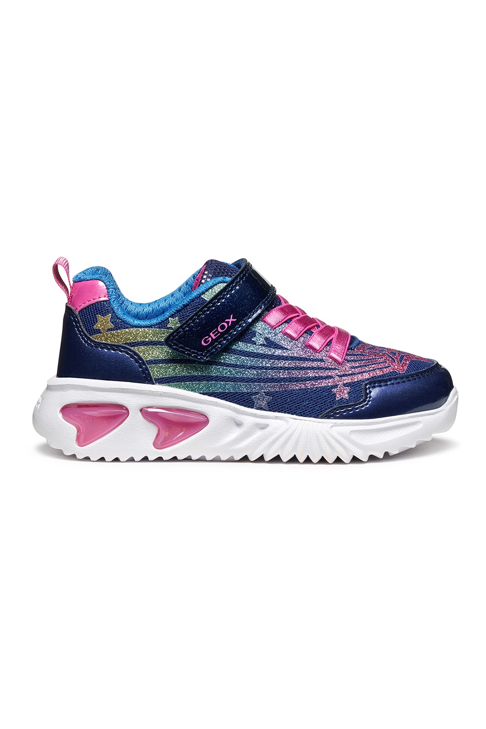 Geox, Pantofi sport cu aspect stralucitor si LED-uri, Roz, Bleumarin, 24 EU