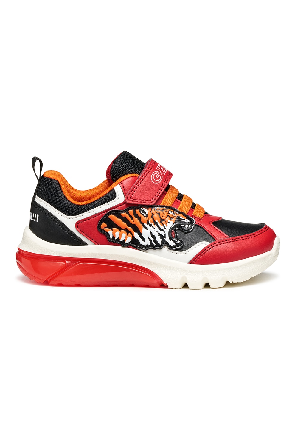 Geox, Pantofi sport cu model si LED-uri, Negru, Portocaliu, Rosu vermillion, 32 EU