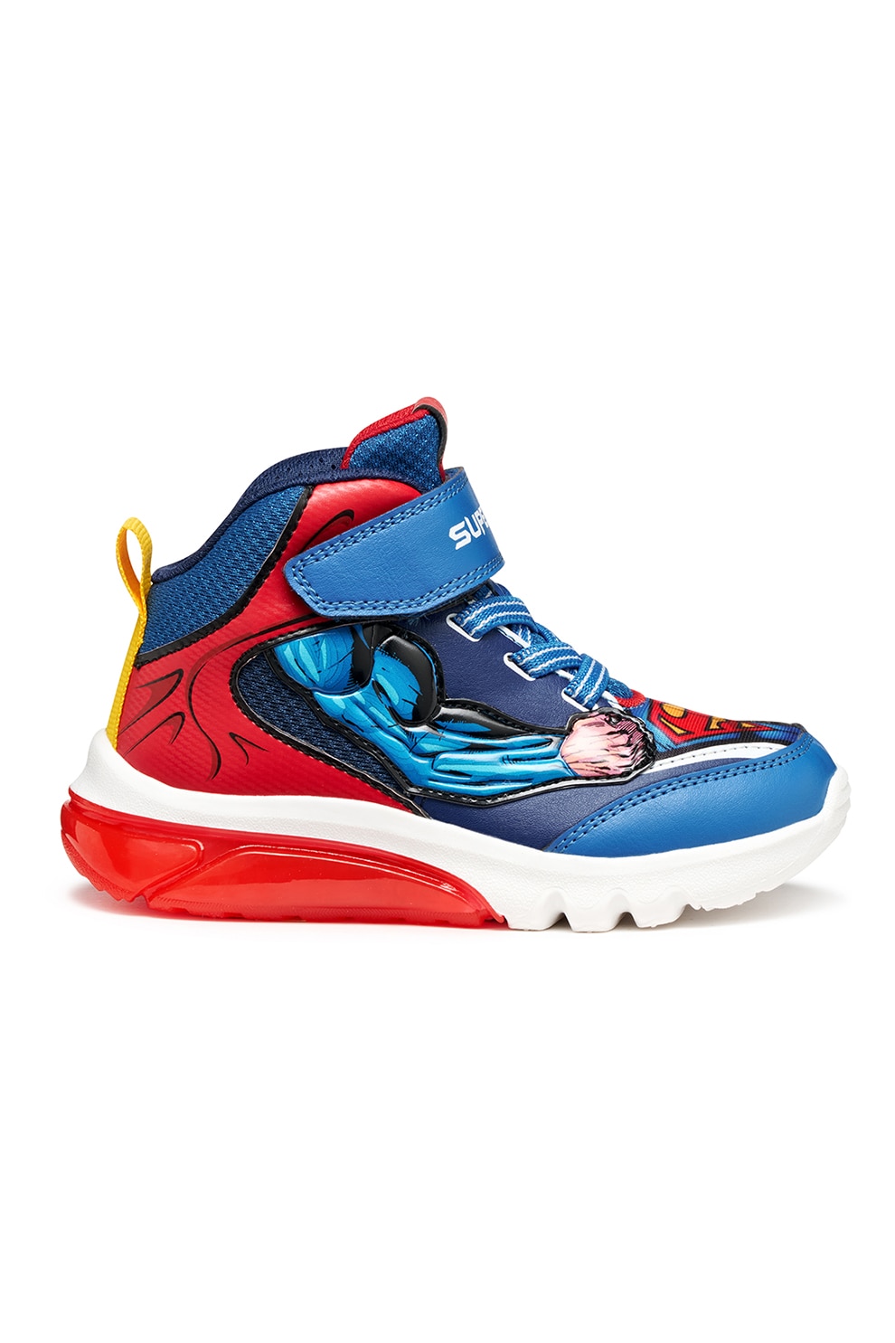 Geox, Pantofi sport cu LED-uri si imprimeu Superman, Rosu, Albastru royal, 33 EU