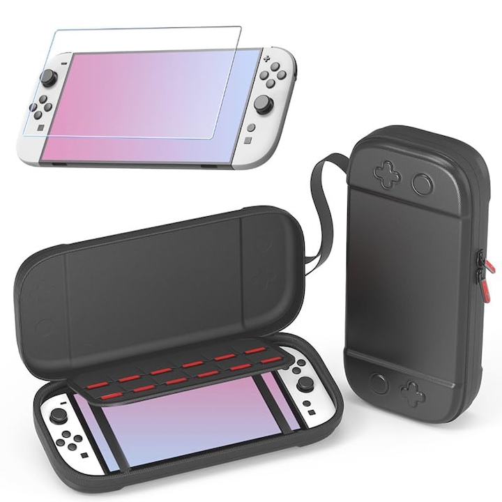Husa de transport conceputa pentru Nintendo Switch 2, husa de protectie portabila cu carcasa rigida, cu buzunare pentru accesorii, 12 cartuse de jocuri si folie de protectie pentru ecran (negru)