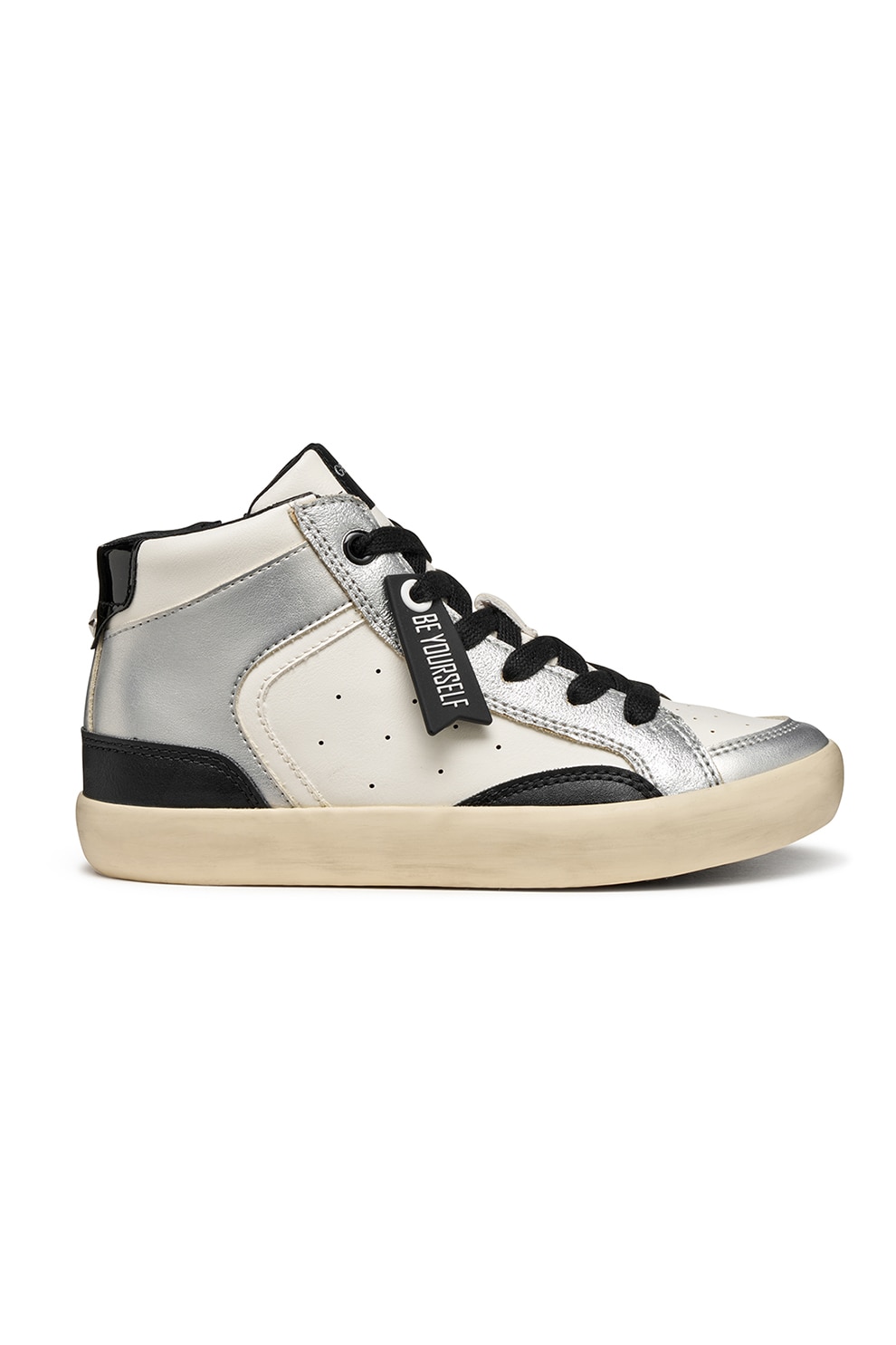 Geox, Pantofi sport de piele ecologica cu fermoar, Negru, Alb murdar, Argintiu, 30 EU