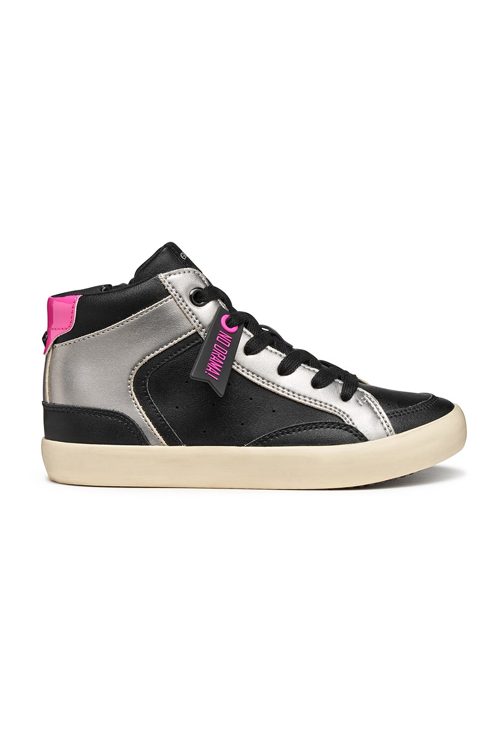 Geox, Pantofi sport de piele ecologica cu fermoar, Negru, Roz, Argintiu, 28 EU