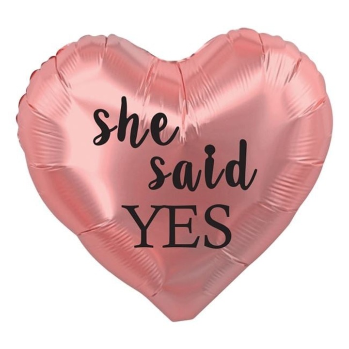 Antbro szív alakú lufi, rózsaarany, 35x35cm, „She Said YES” üzenettel, ideális eljegyzésre vagy lánybúcsúra