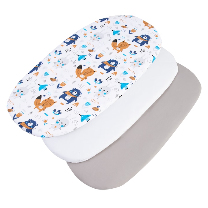 Set de 3 piese Cearsaf pentru carucior, Medi Partners, 86x40cm, Bumbac, Model de Animale Boho, Bej/Alb