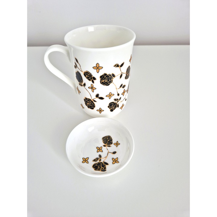 Cana portelan extra fin, cu capac Black Roses, design original made in Romania, 350 ml, alb