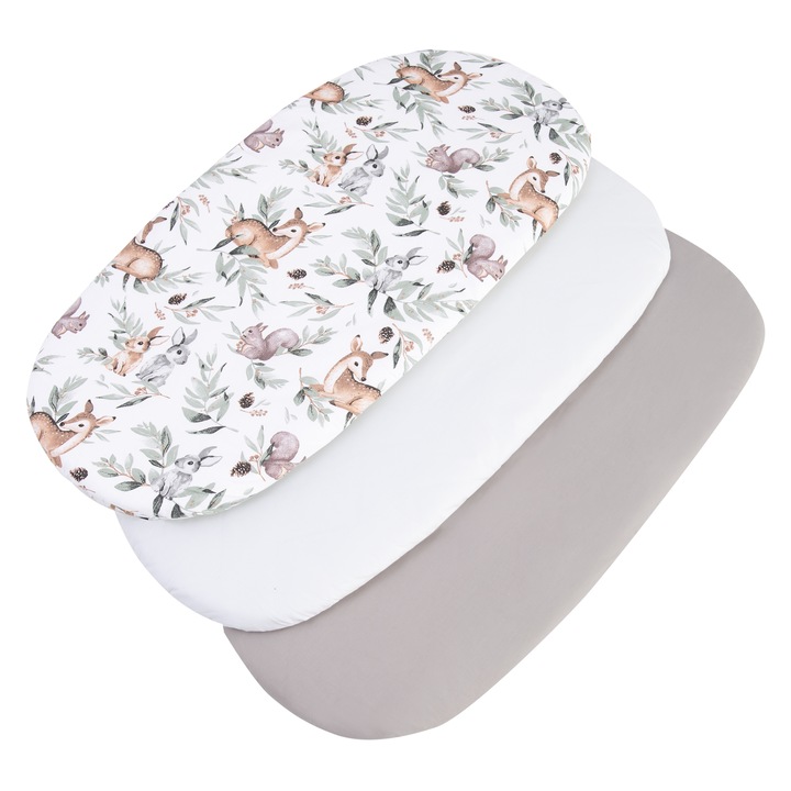 Set de 3 piese Cearsaf pentru carucior, Medi Partners, 86x40cm, Bumbac, Model de Caprioare in frunze, Gri/Bej