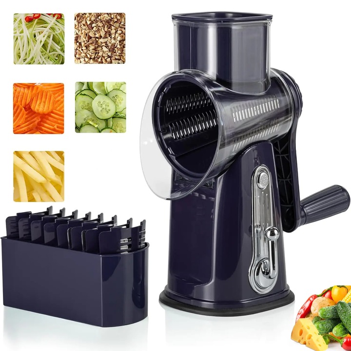 Elindor® 5-в-1 ротационно ренде с дръжка, остриета от неръждаема стомана, резачка за зеленчуци, ренде за сирене, ядки, моркови, зеле, кухненски прибор, компактен дизайн, многофункционален, лилав