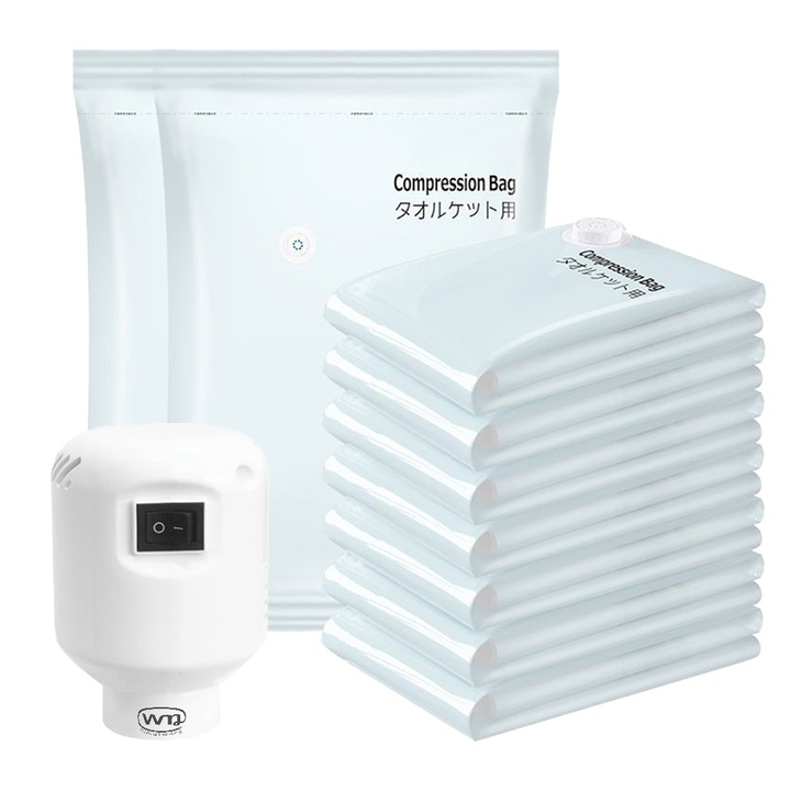 Комплект от 10 вакуумни торбички с електрическа помпа, прозрачни, лесни за употреба, 5 вакуумни торбички, 40x60/50x70/56x80/70x100 см