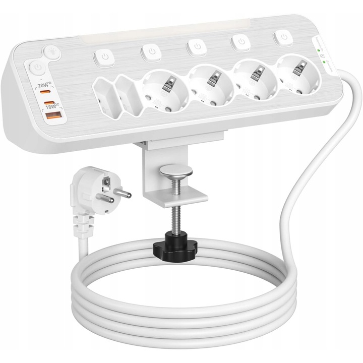 Luka hosszabbító kábel, 6 aljzat, 3 USB, lámpával, rozsdamentes acél, 2m