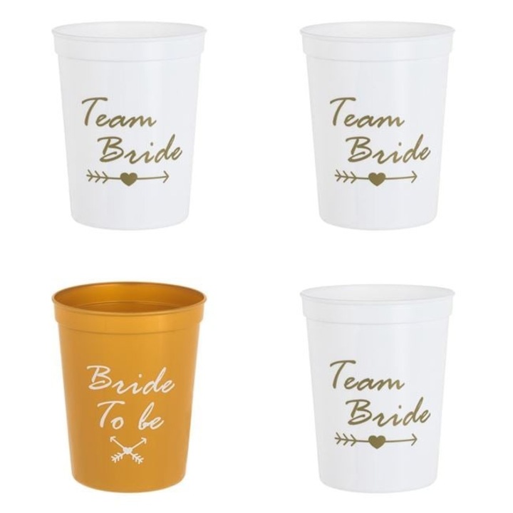 Set 4 Pahare din Plastic Albe Aurii „Bride to Be” & „Team Bride” – 450ml ANTBRO ® SPECIAL PENTRU ZIUA NUNTII SAU PETRECERTEA DE LOGODNA, PETRECEREA BURLACITELOR