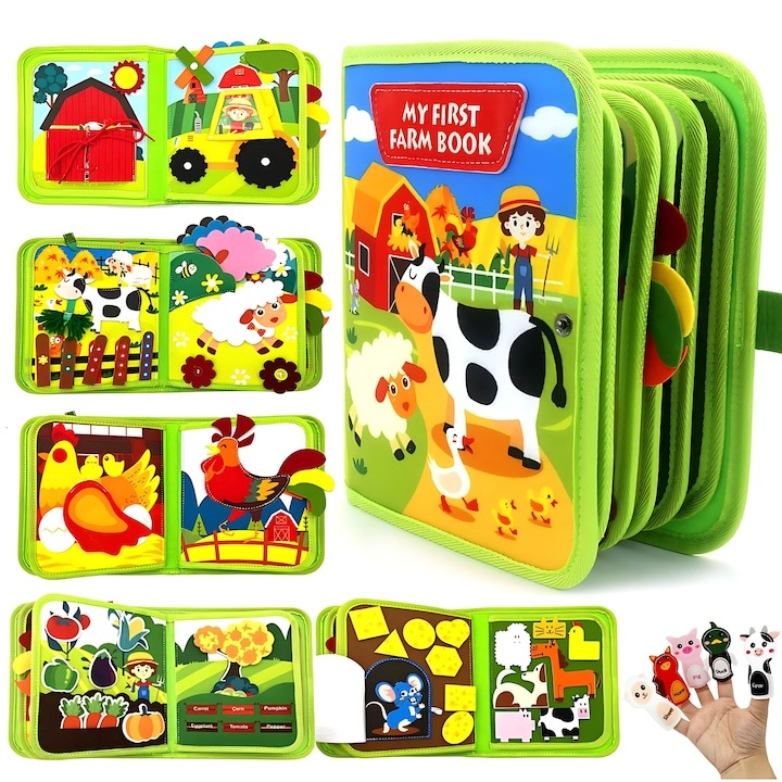 Interaktív érzékszervi könyv, 20 az 1-ben, oktatási tevékenységek, interaktív játék, 23x18 cm, zöld