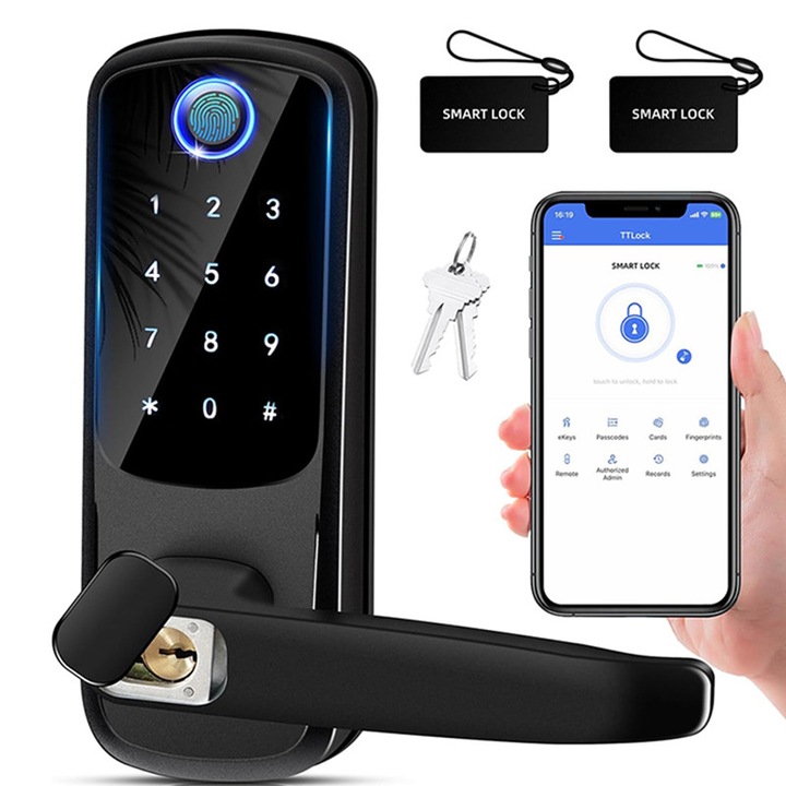 Брава Rqiurpn, цифрова, безжична, смарт, отключване с пръстов отпечатък, код, ключ или мобилно приложение, сензорен екран, водоустойчиво, съвместимо с Android и IOS, управление с приложение, за дома, офиса или хотела, черно