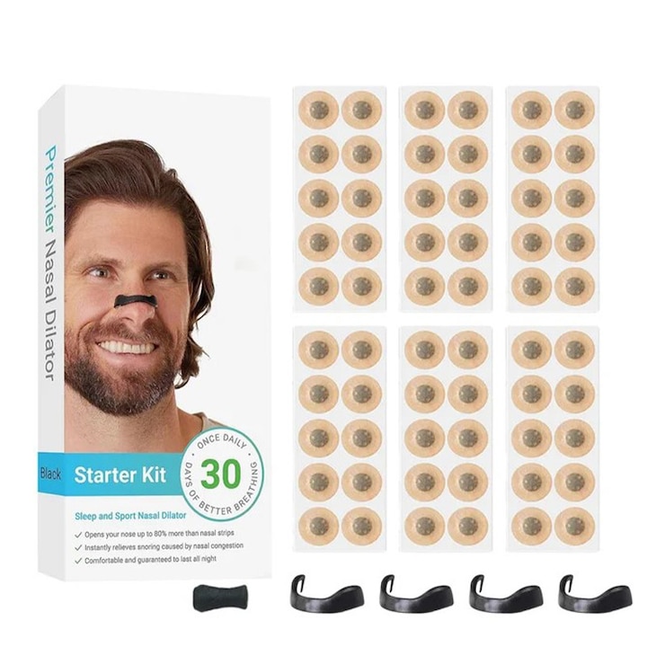 Комплект за магнитен назален дилататор, Rqiurpn, намалява хъркането, подобрява съня, влагоустойчив и удобен, подходящ за спорт и ежедневни дейности, 30 дни, различни размери, подходящи за всякаква форма на носа, черен