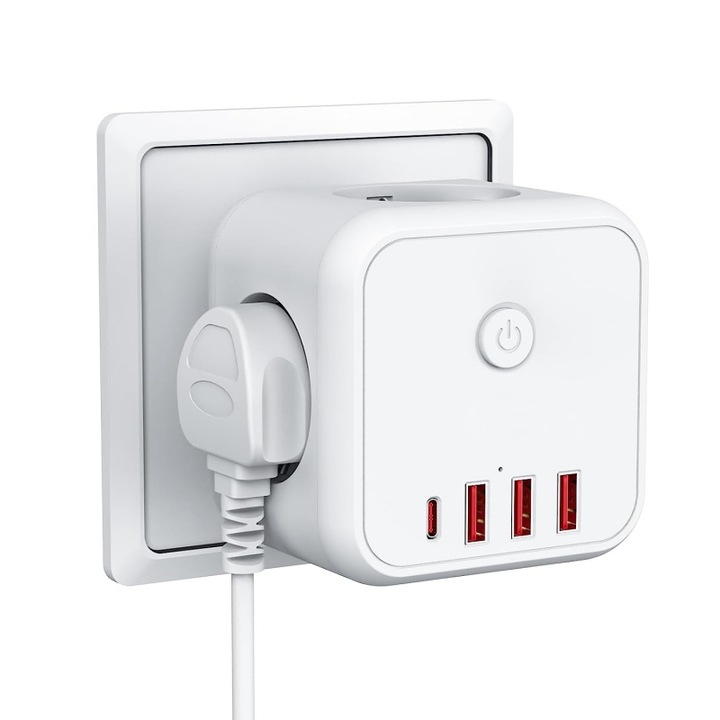 Adaptor de alimentare 7 in 1, Multi-Plug Cube, AjieQaQ, 3 prize (4000W), 3 USB, 1 Type-C, pentru inductie, frigider, cuptor cu microunde, alb