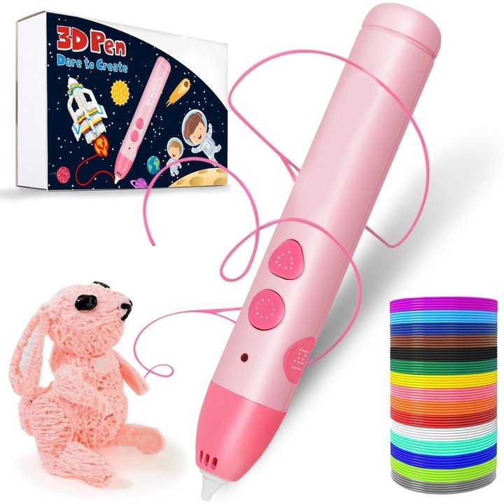 Комплект 3D писалки за печат, WALALLA, 1.75 мм PCL филамент, 3 м × 20 ролки, регулируема скорост, ниска температура, USB включен, играчка подарък за деца, розов