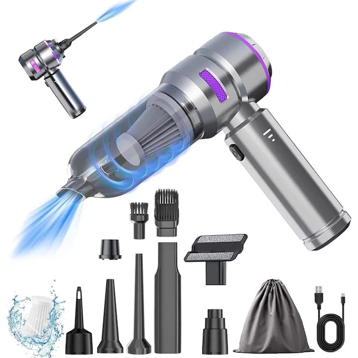 Aspirator de mana Portabil 4-in-1, Avatto, 18000Pa, Fara Fir, Argintiu, 20x20x6cm, 120W, Fara Fir, USB-C, 6000mAh