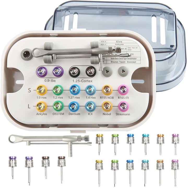 Set instrumente dentare, WALALLA, kit restaurare implant dentar, cu cheie cu cuplu ajustabil 10-70Ncm, 8 tije scurte si 8 tije lungi, inox.