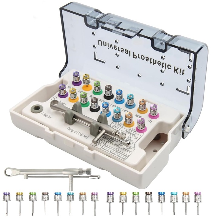 Cheie dinamometrica pentru implant dentar, kit universal, proteza surubelnita, cuplu reglabil 10-70 Ncm, suruburi cu clichet pentru demontare sigura, instrumente pentru repararea implantului, WALALLA