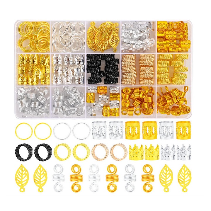 Set 200PCS Accesorii pentru Impletituri, Yakumuz, Beads Aurii, Ineluri Metalice pentru Dreadlock