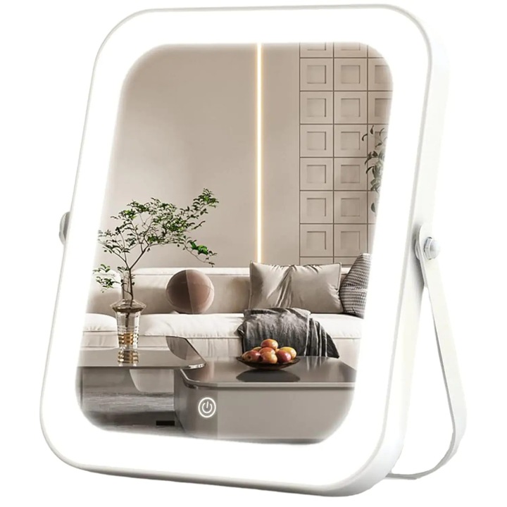 Oglinda Machiaj LED Elindor®, Iluminare 3 Tonuri Reglabile, Control Tactil, Suport Inclus, Accesoriu Portabil Cosmetica, pentru Dormitor, Calatorii, Masuta Toaleta, Design Compact si Elegant, Alb