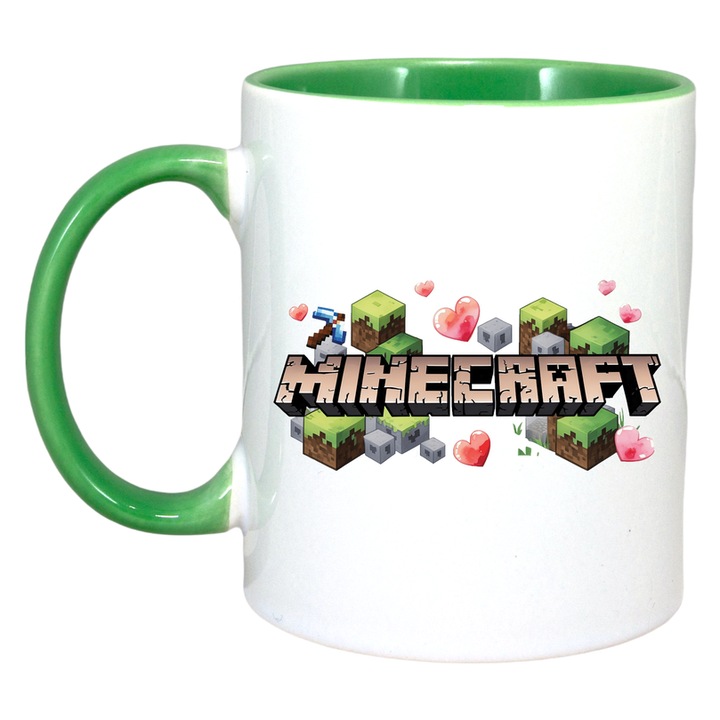Cana personalizata cu Minecraft Minecraft Inimi, Cri-Flo, Ceramica, 330ml. Maner si interior Verde