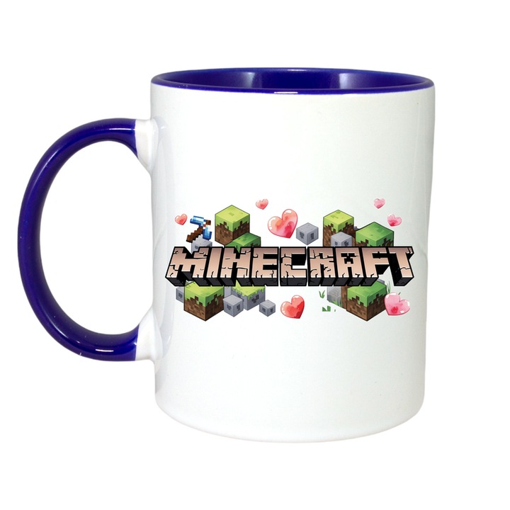 Cana personalizata cu Minecraft Minecraft Inimi, Cri-Flo, Ceramica, 330ml. Maner si interior Albastru