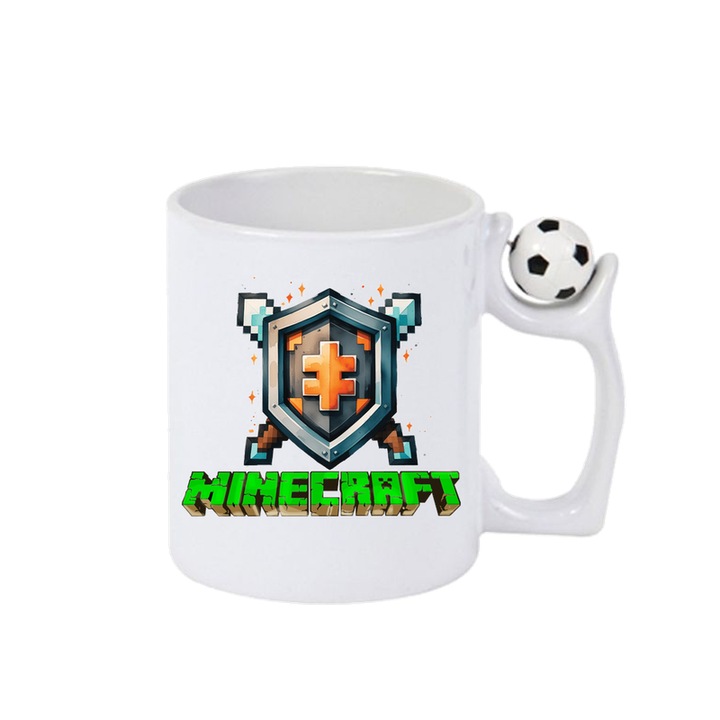 Cana personalizata cu Minecraft Scut Pixelat, Cri-Flo, Ceramica, 330ml. Minge rotativa antistres, Maner si interior Alb-Negru