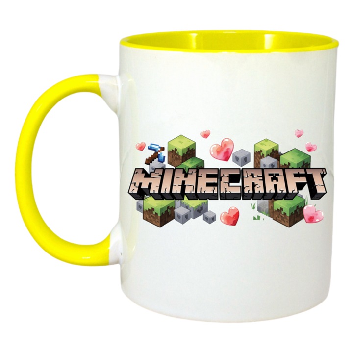Cana personalizata cu Minecraft Minecraft Inimi, Cri-Flo, Ceramica, 330ml. Maner si interior Galben
