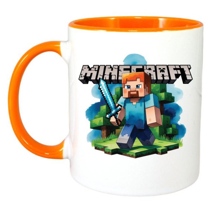 Cana personalizata cu Minecraft Steve Cu Sabie, Cri-Flo, Ceramica, 330ml. Maner si interior Portocaliu