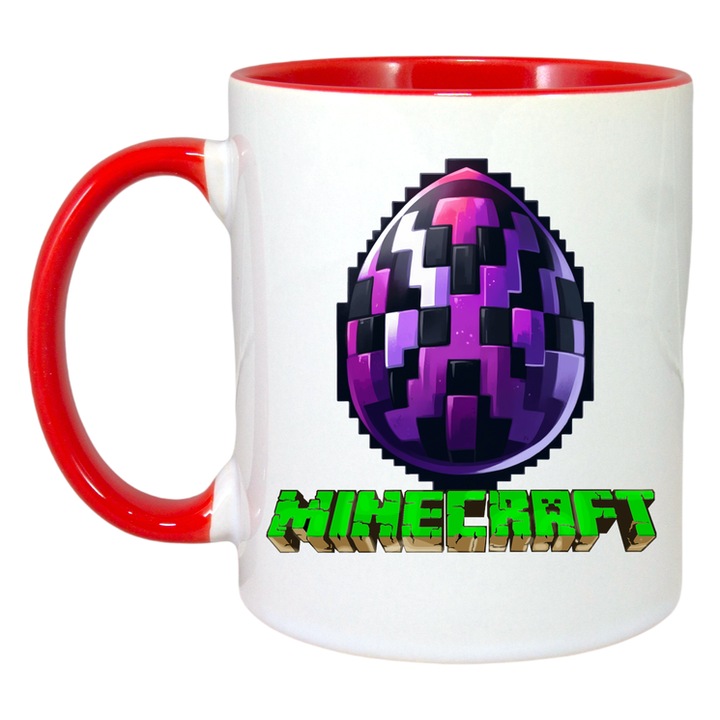Cana personalizata cu Minecraft Oul Misterios, Cri-Flo, Ceramica, 330ml. Maner si interior Rosu