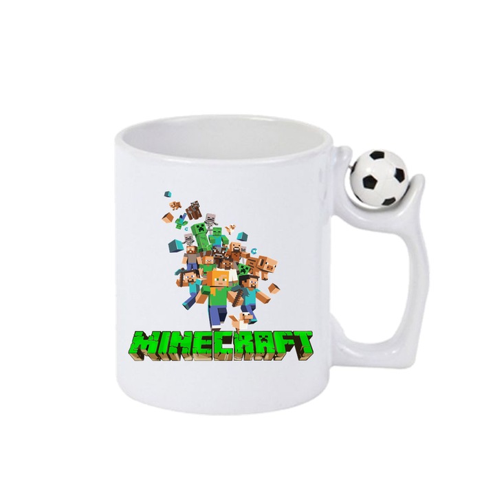 Cana personalizata cu Minecraft Explozie De Jucatori, Cri-Flo, Ceramica, 330ml. Minge rotativa antistres, Maner si interior Alb-Negru