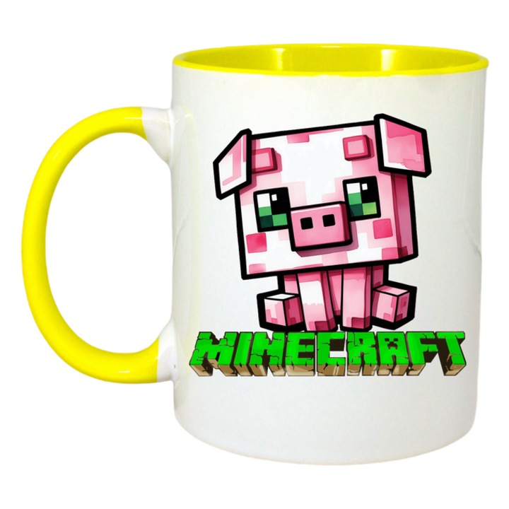Cana personalizata cu Minecraft Purcelusa Roz, Cri-Flo, Ceramica, 330ml. Maner si interior Galben