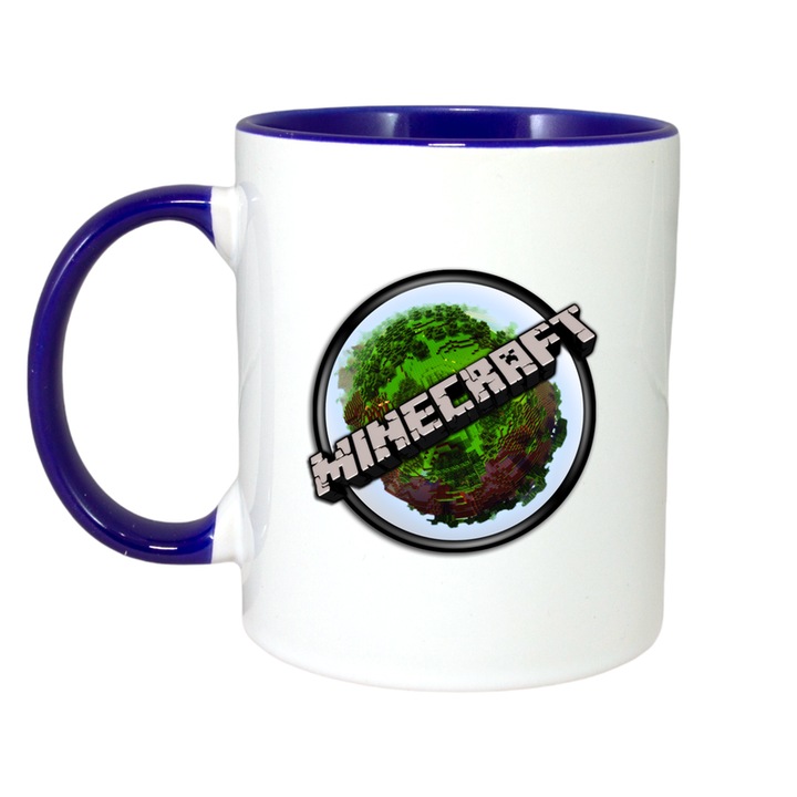 Cana personalizata cu Minecraft Insula Rotunda, Cri-Flo, Ceramica, 330ml. Maner si interior Albastru
